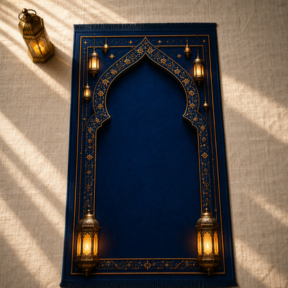 Kandil Mihrab Lacivert Seccade | Lüks Kadife Namaz Halısı