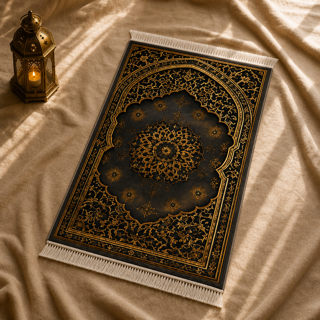 Şemse Mihrab Altın İşlemeli Seccade | Lüks Kadife Namaz Halısı