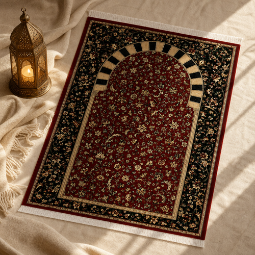Bordo Çayır Mihrab Seccade | Dijital Baskılı Klasik Namaz Halısı