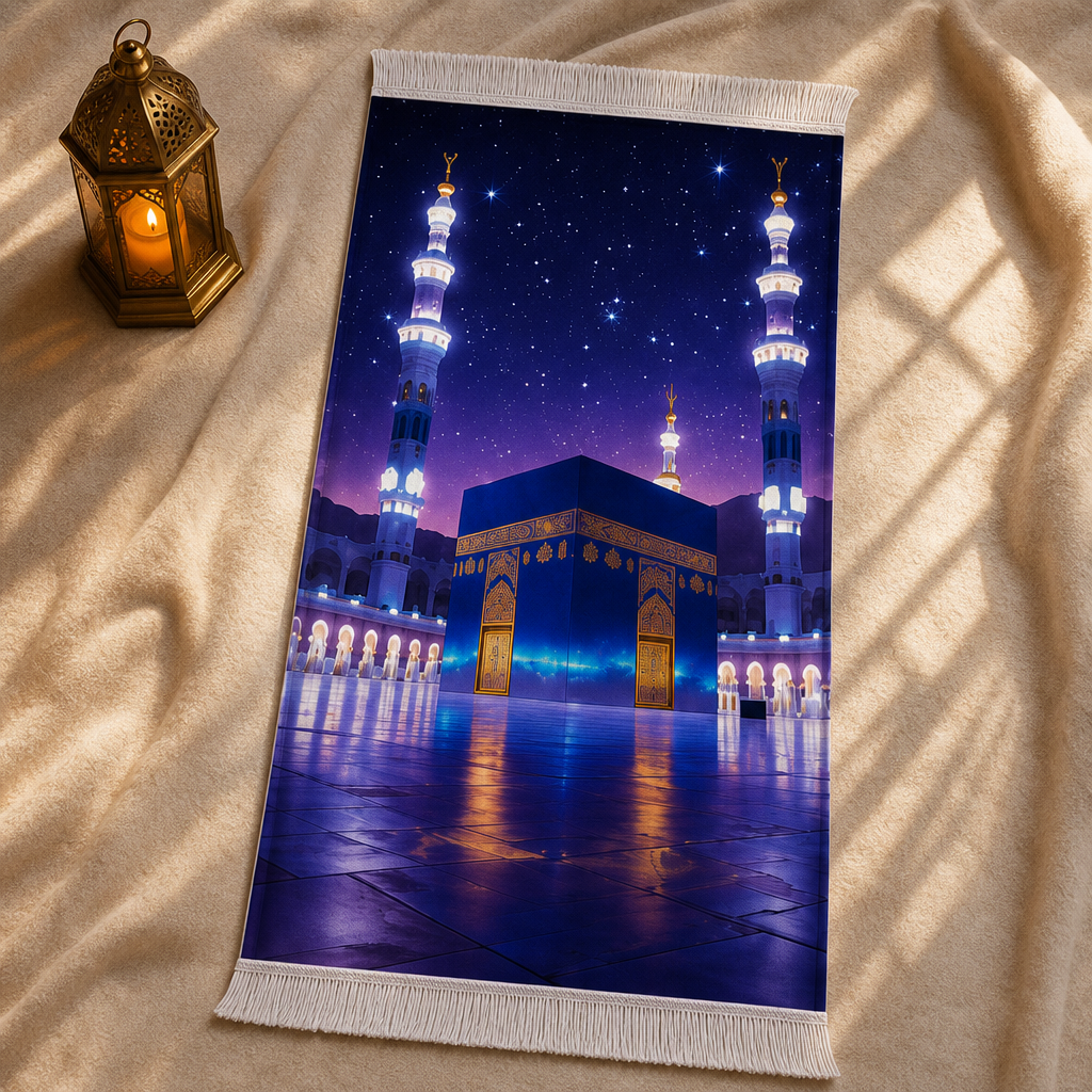 Yıldızlı Kâbe Manzaralı 3D Seccade | Dijital Baskılı Namaz Halısı