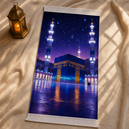 Yıldızlı Kâbe Manzaralı 3D Seccade | Dijital Baskılı Namaz Halısı