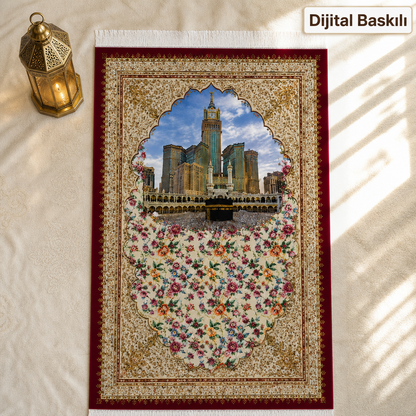 Nakış Bej Seccade | Dijital Baskılı Klasik İpek Dokuma Namaz Halısı