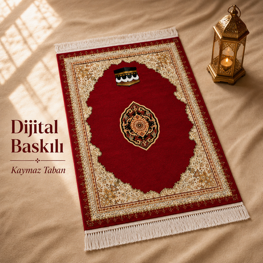 Kâbe Motifli Kırmızı Seccade | Dijital Baskılı Klasik Namaz Halısı