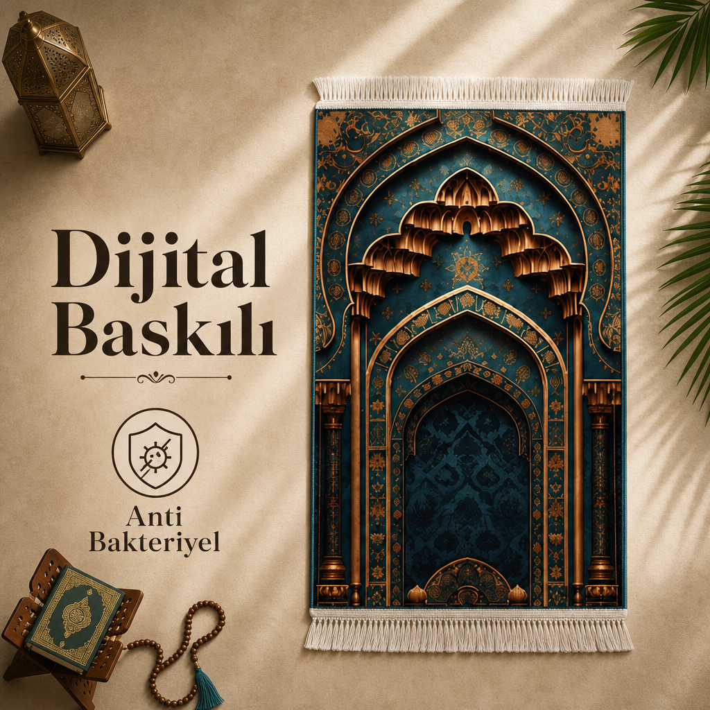 Petrol Mihrab Seccade | Dijital Baskılı Lüks Namaz Halısı