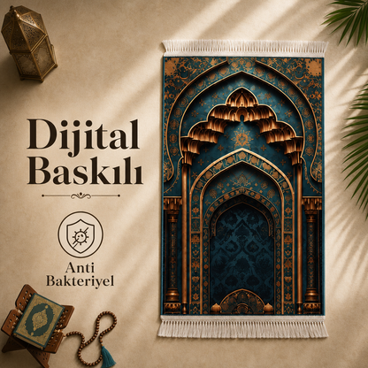 Petrol Mihrab Seccade | Dijital Baskılı Lüks Namaz Halısı