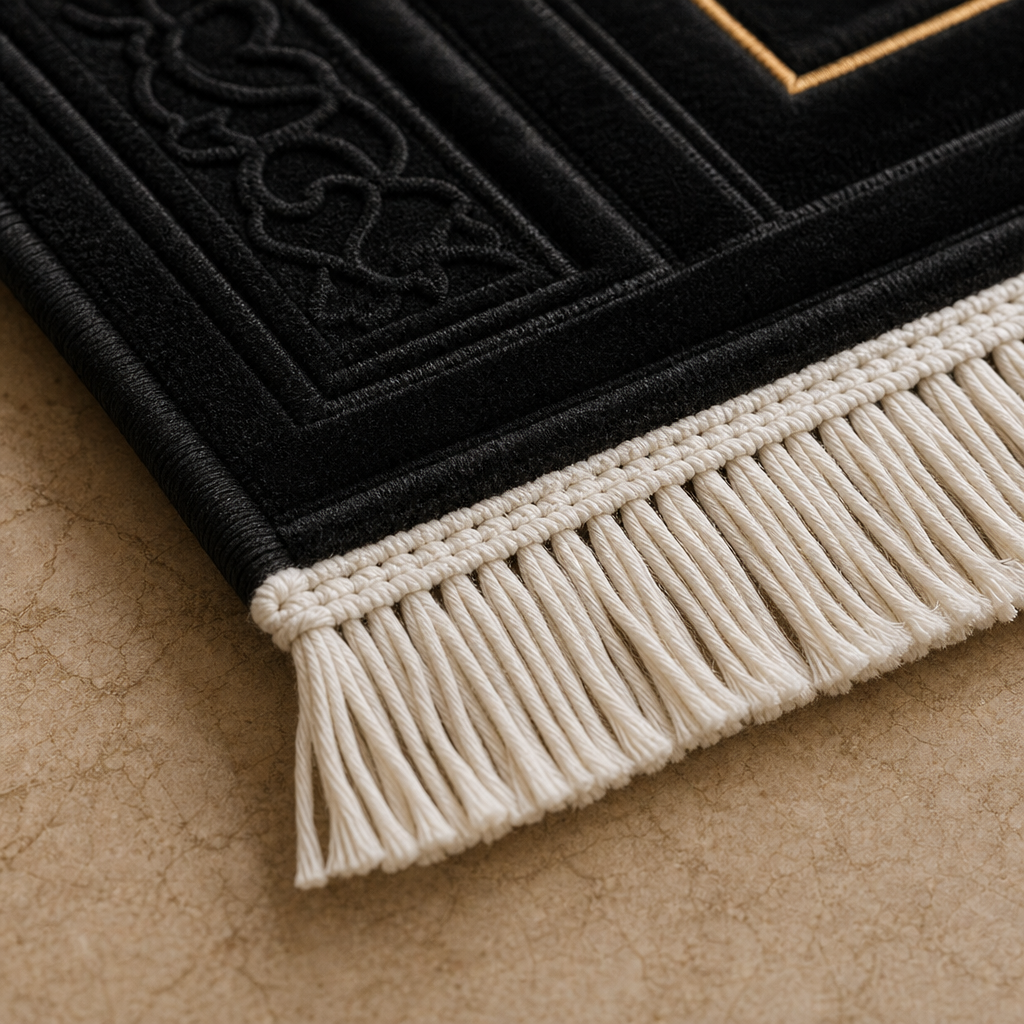 Onyx Mihrab Siyah Seccade | Lüks Kadife Namaz Halısı