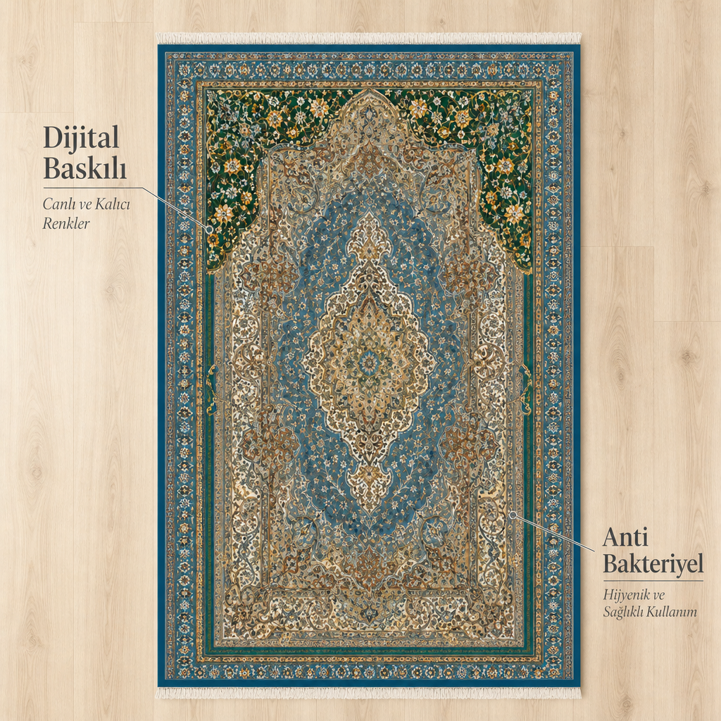 Nain Mavi Seccade | Dijital Baskılı Klasik İpek Dokuma Namaz Halısı
