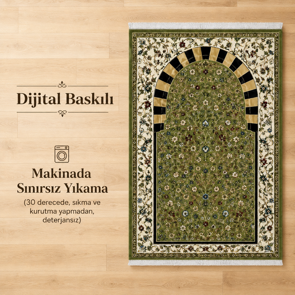 Çayır Mihrab Yeşil Seccade | Dijital Baskılı Klasik Namaz Halısı