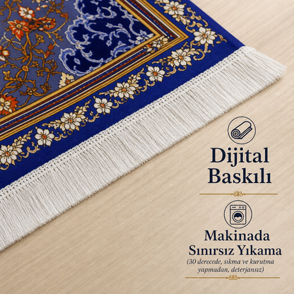 Mekke Manzaralı Lacivert Seccade | Dijital Baskılı Klasik Namaz Halısı