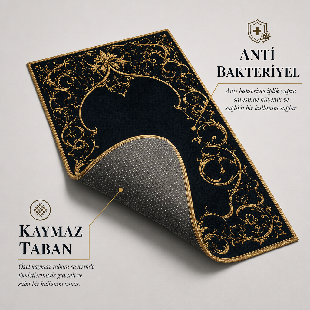 Altın Rumi Lacivert Seccade | Lüks Kadife Namaz Halısı