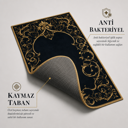 Altın Rumi Lacivert Seccade | Lüks Kadife Namaz Halısı