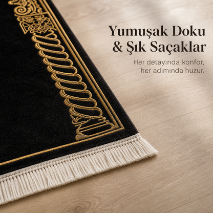 Burma Sütun Mihrab Siyah Seccade | Lüks Kadife Namaz Halısı