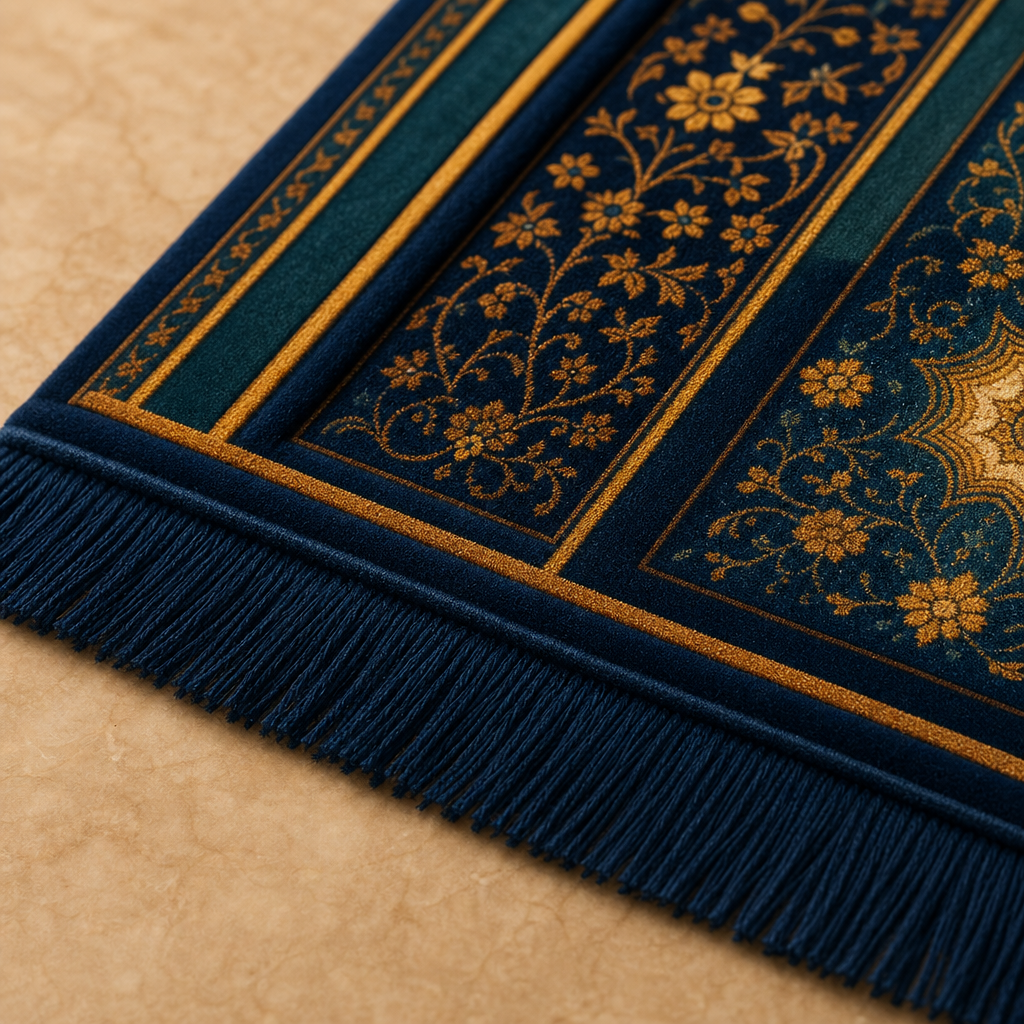 Mukarnas Mihrab Lacivert Seccade | Lüks Kadife Namaz Halısı