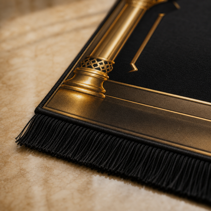Altın Sütun Mihrab Siyah Seccade | Lüks Kadife Namaz Halısı