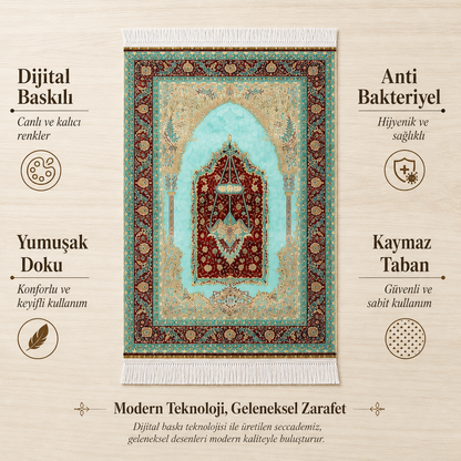 Mercan Mihrab Turkuaz Seccade | Dijital Baskılı Klasik Namaz Halısı