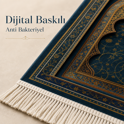 Sırma Mihrab Petrol Mavisi Seccade | Lüks Kadife Namaz Halısı