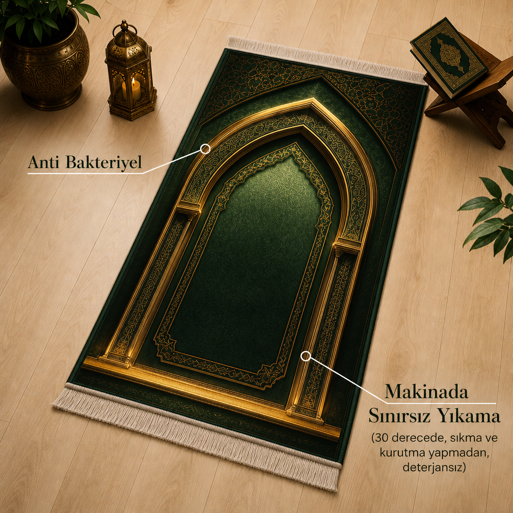 Ravza Mihrab Yeşil Seccade | Lüks Kadife Namaz Halısı
