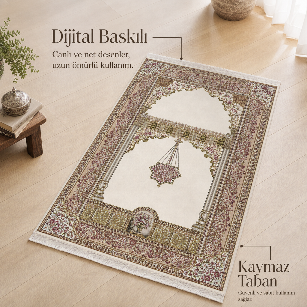 Nazende Mihrab Krem Seccade | Dijital Baskılı Klasik Namaz Halısı