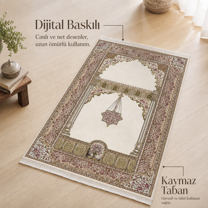 Nazende Mihrab Krem Seccade | Dijital Baskılı Klasik Namaz Halısı