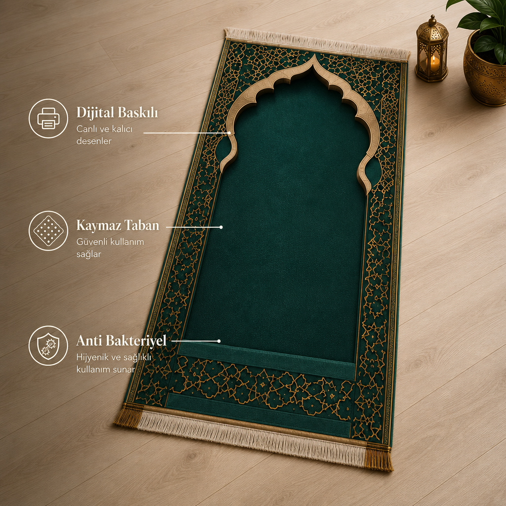 Girih Mihrab Yeşil Seccade | Lüks Kadife Namaz Halısı