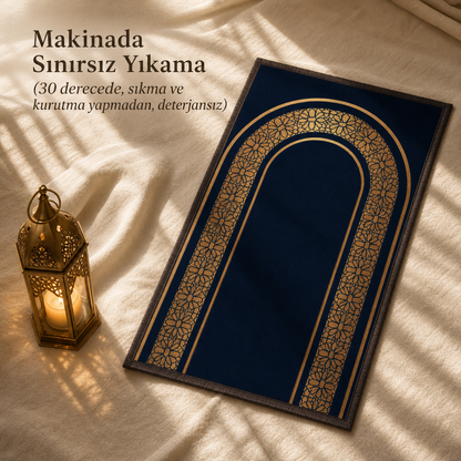 Altın Mihrab Lacivert Seccade | Dijital Baskılı Namaz Halısı