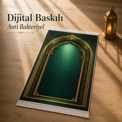 Zümrüt Kemer Mihrab Yeşil Seccade | Lüks Kadife Namaz Halısı