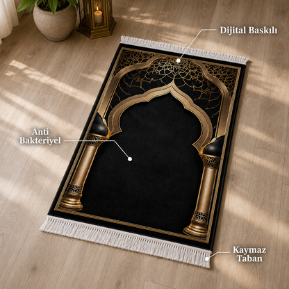 Sultan Mihrab Siyah Seccade | Lüks Kadife Namaz Halısı