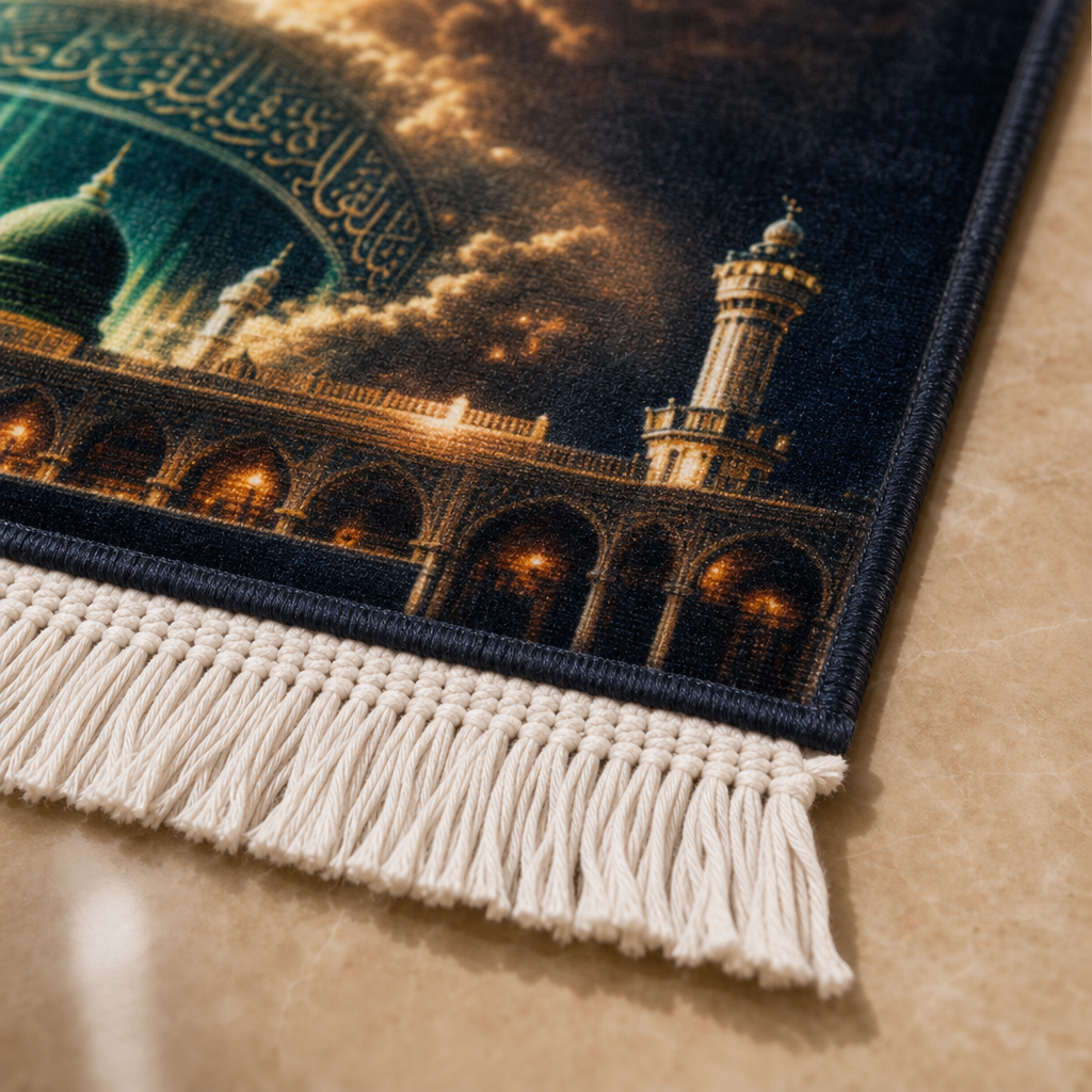Kâbe ve Ravza Nur Manzaralı 3D Seccade | Dijital Baskılı Namaz Halısı