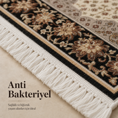 Kâbe Motifli Madalyon Krem Seccade | Dijital Baskılı Klasik Namaz Halısı