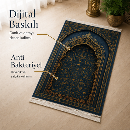 Hatai Mihrab Lacivert Seccade | Lüks Kadife Namaz Halısı