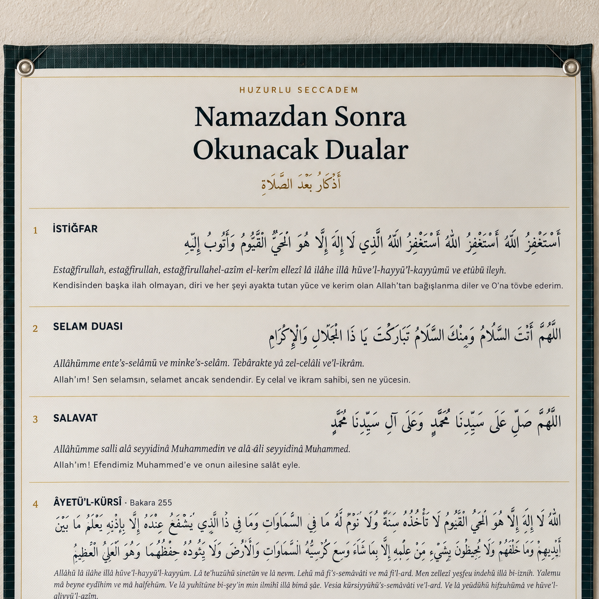 Namaz Sonrası Dua ve Tesbihat Panosu