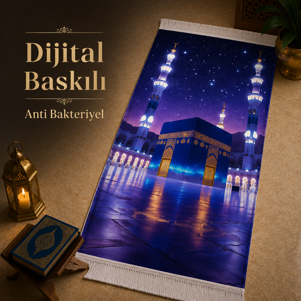 Yıldızlı Kâbe Manzaralı 3D Seccade | Dijital Baskılı Namaz Halısı