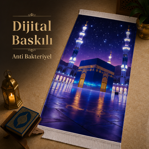 Yıldızlı Kâbe Manzaralı 3D Seccade | Dijital Baskılı Namaz Halısı