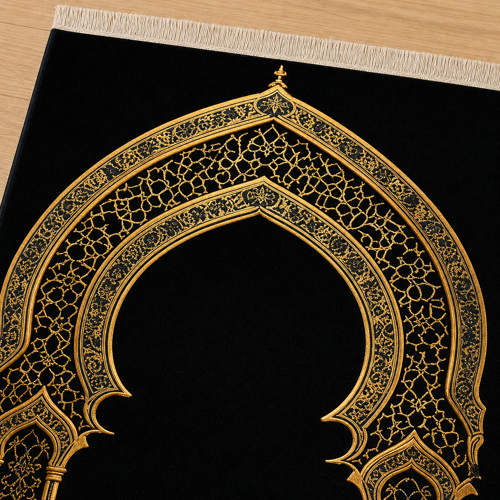 Dantel Mihrab Siyah Seccade | Lüks Kadife Namaz Halısı