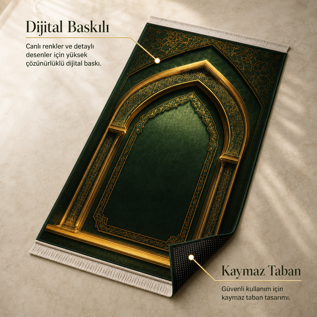 Ravza Mihrab Yeşil Seccade | Lüks Kadife Namaz Halısı