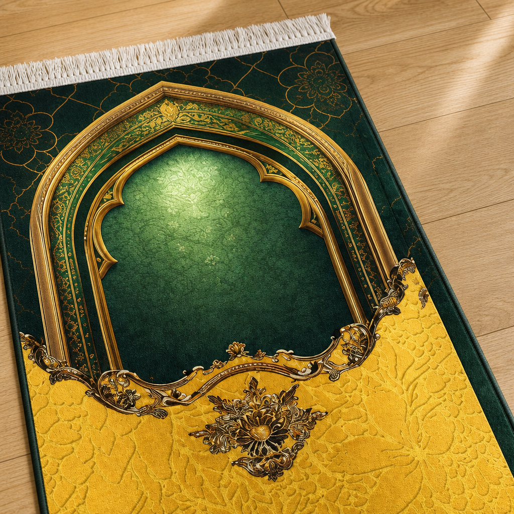 Amber Mihrab Yeşil Sarı Seccade | Lüks Kadife Namaz Halısı