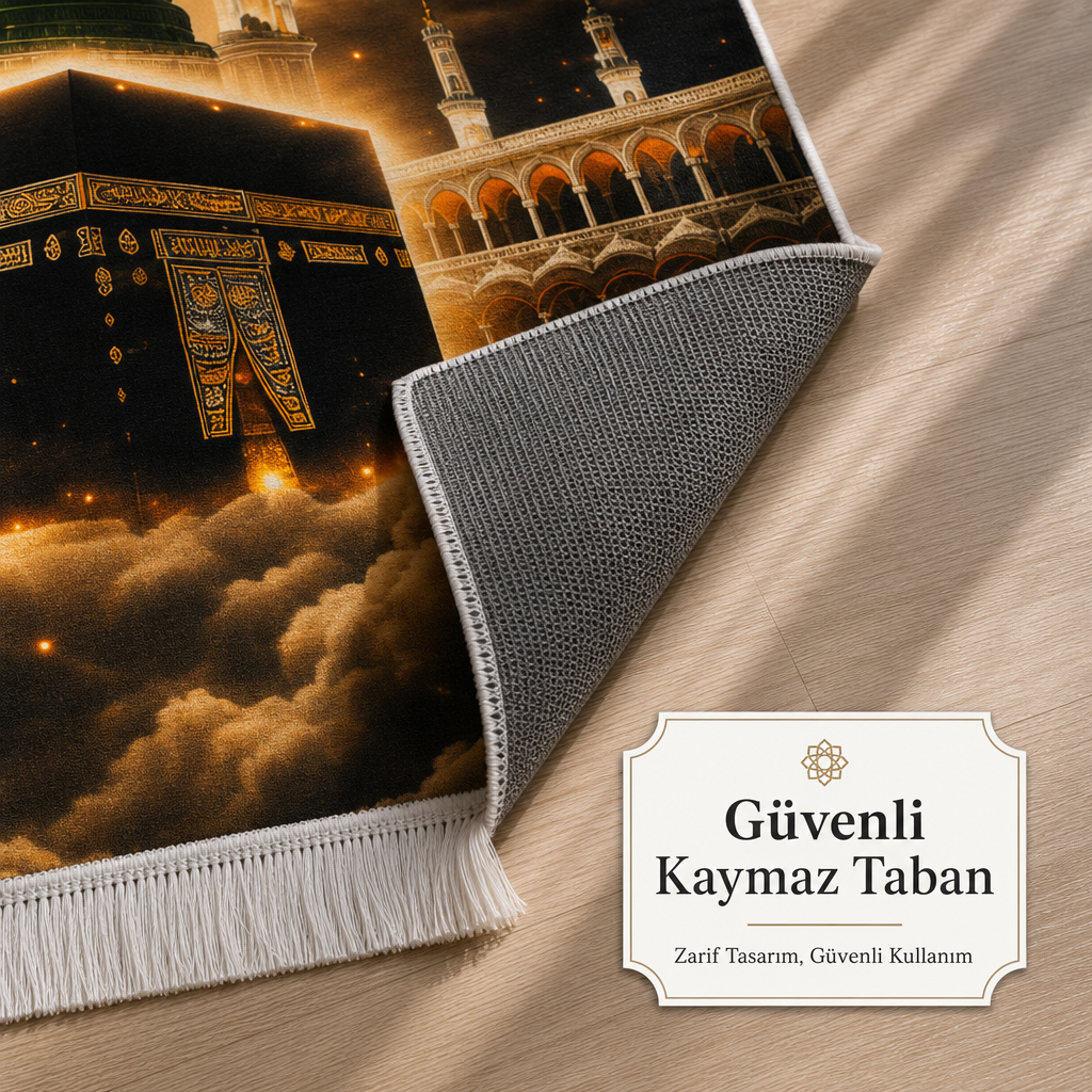 Kâbe ve Ravza Manzaralı 3D Seccade | Dijital Baskılı Namaz Halısı