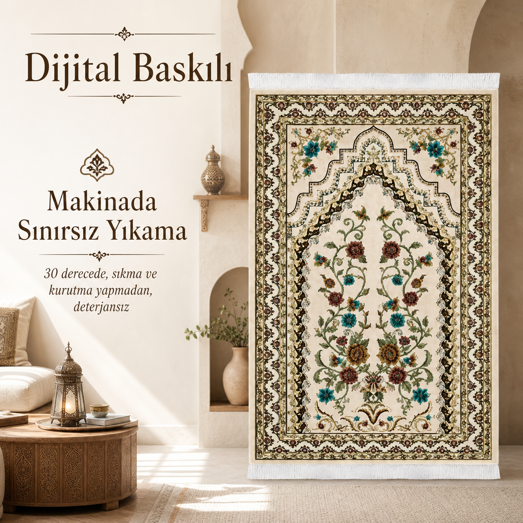 Bahar Mihrab Krem Seccade | Dijital Baskılı Klasik Namaz Halısı
