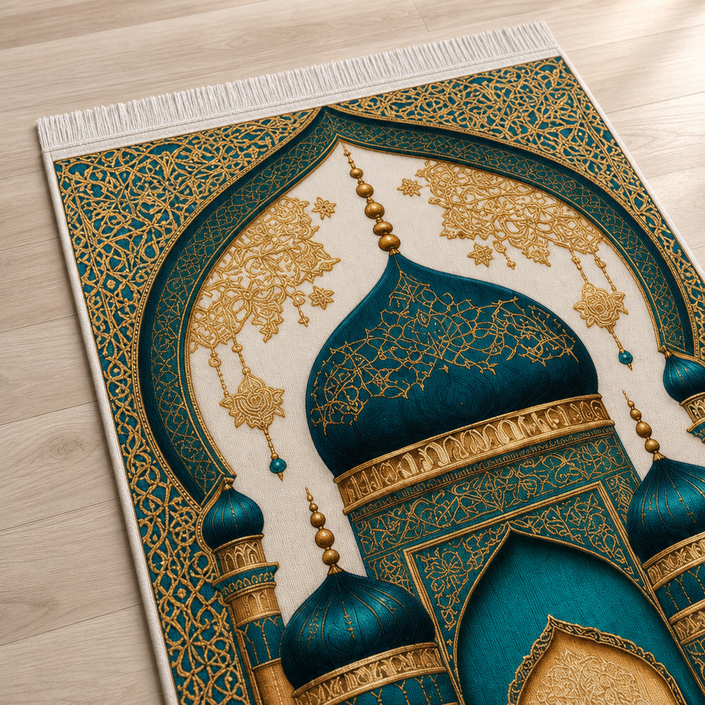 Kubbeli Cami Turkuaz Seccade | Dijital Baskılı Lüks Namaz Halısı