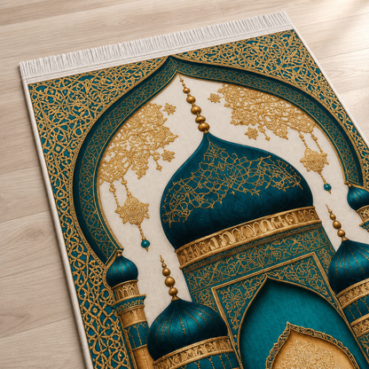 Kubbeli Cami Turkuaz Seccade | Dijital Baskılı Lüks Namaz Halısı