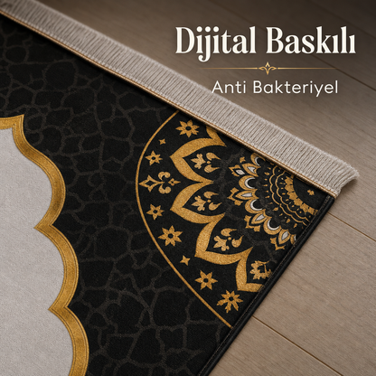 İnci Mihrab Siyah Seccade | Lüks Kadife Namaz Halısı