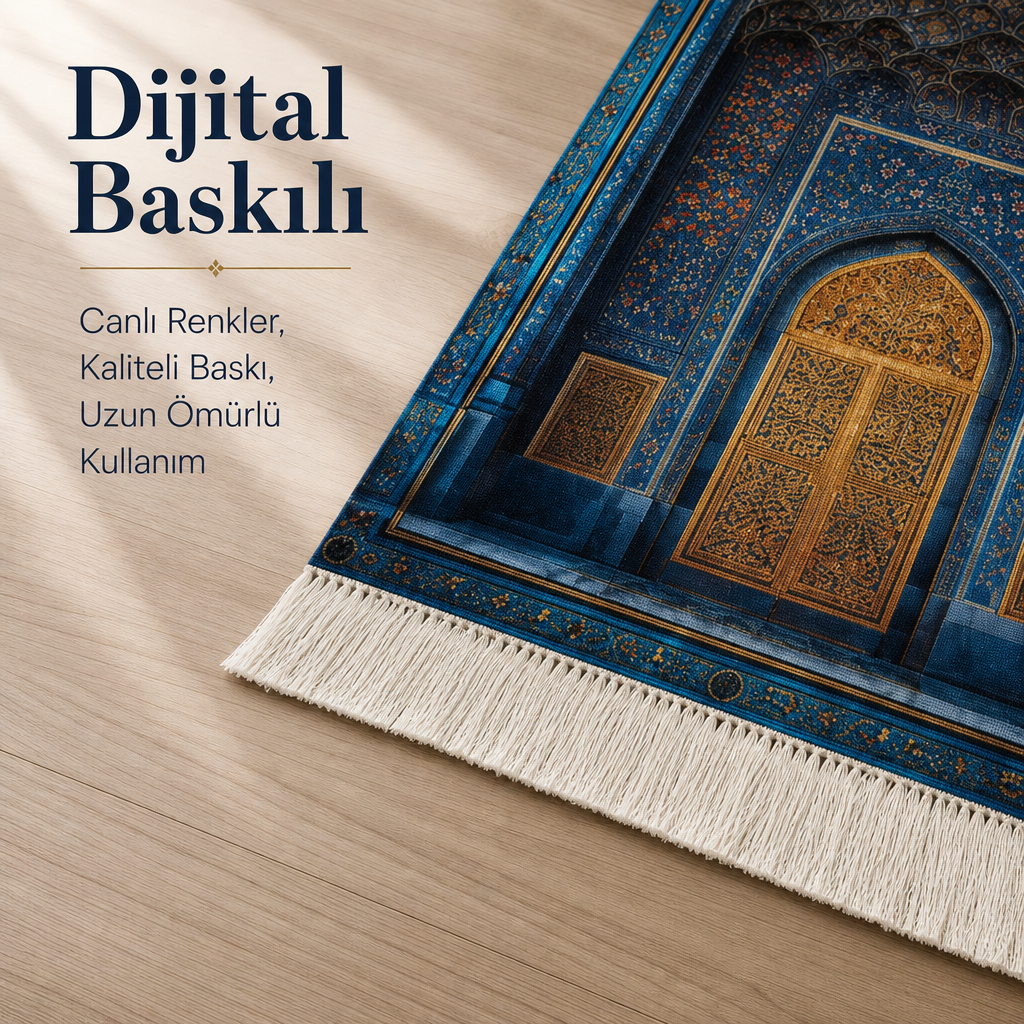 Çini Mihrab Mavi 3D Seccade | Dijital Baskılı Lüks Namaz Halısı