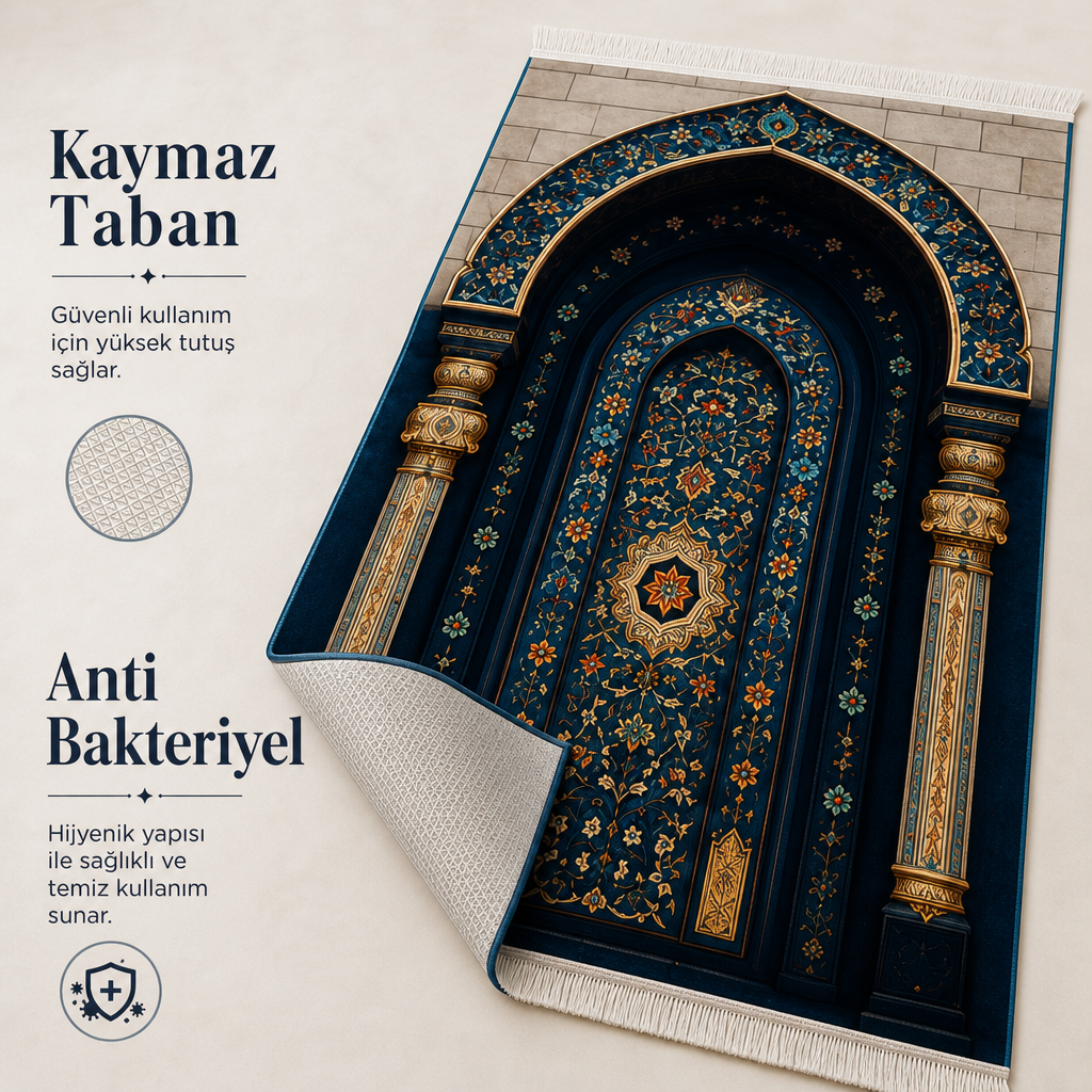 Yıldız Mihrab Lacivert 3D Seccade | Dijital Baskılı Namaz Halısı