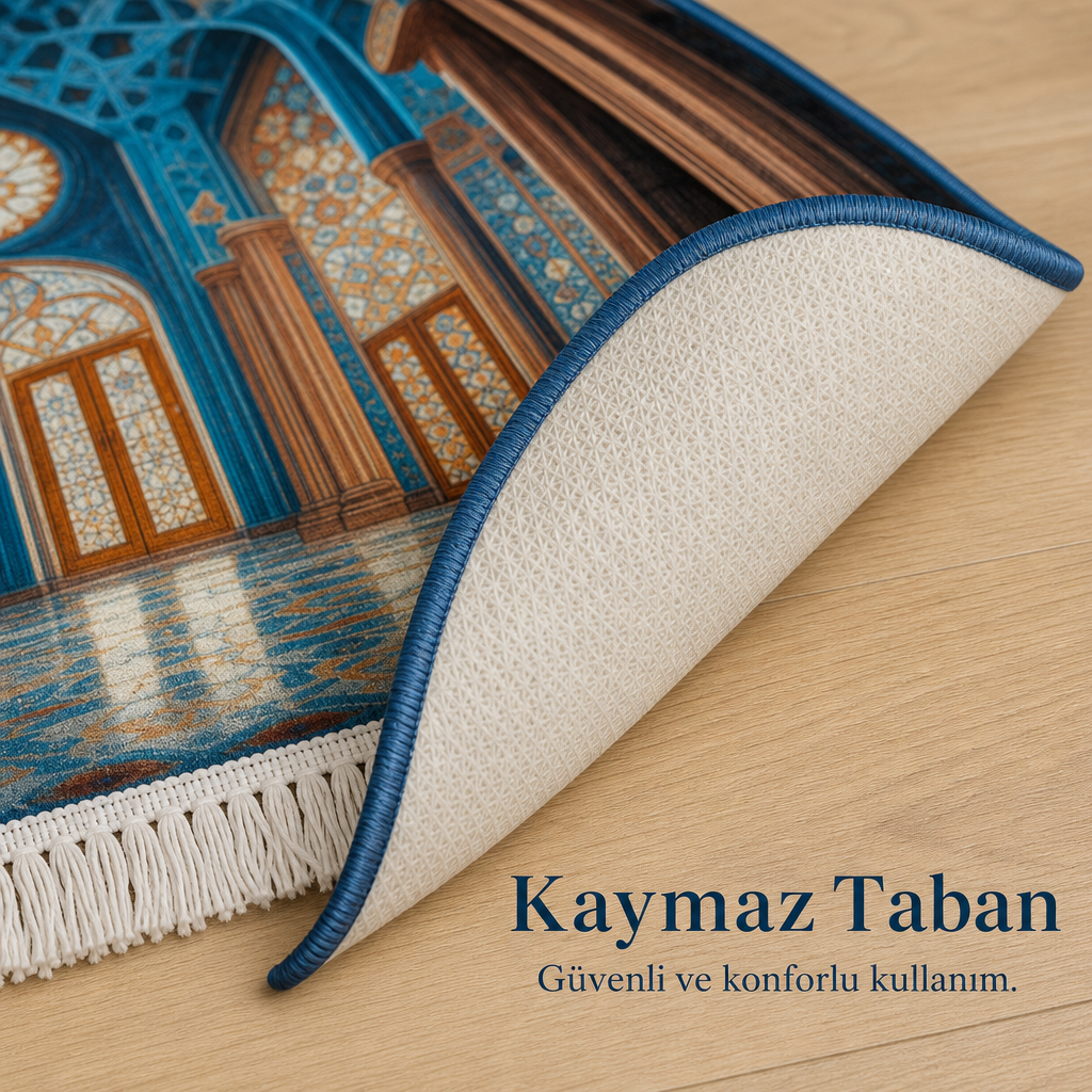 Kubbe Mihrab Mavi 3D Seccade | Dijital Baskılı Namaz Halısı