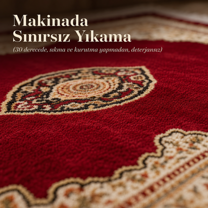 Kâbe Motifli Kırmızı Seccade | Dijital Baskılı Klasik Namaz Halısı