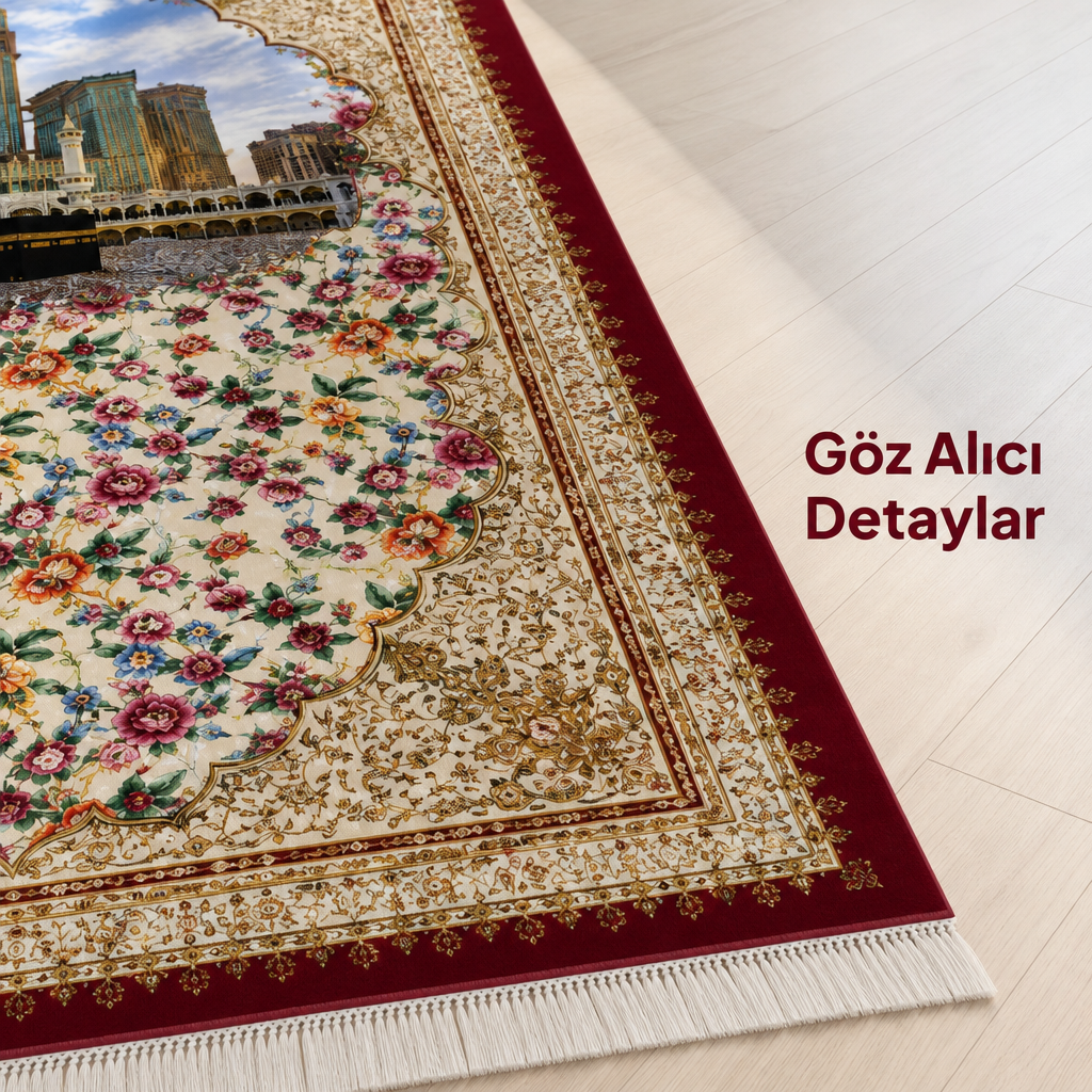 Nakış Bej Seccade | Dijital Baskılı Klasik İpek Dokuma Namaz Halısı