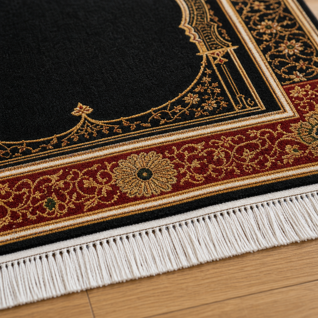 Bordo Mihrab Siyah Seccade | Klasik Dokuma Desenli Namaz Halısı