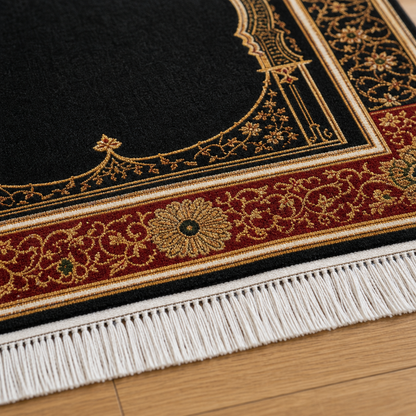 Bordo Mihrab Siyah Seccade | Klasik Dokuma Desenli Namaz Halısı