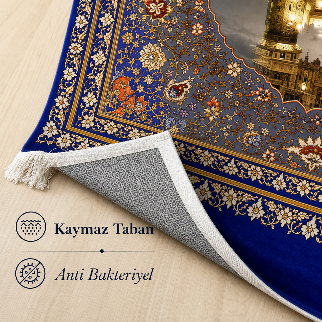 Mekke Manzaralı Lacivert Seccade | Dijital Baskılı Klasik Namaz Halısı