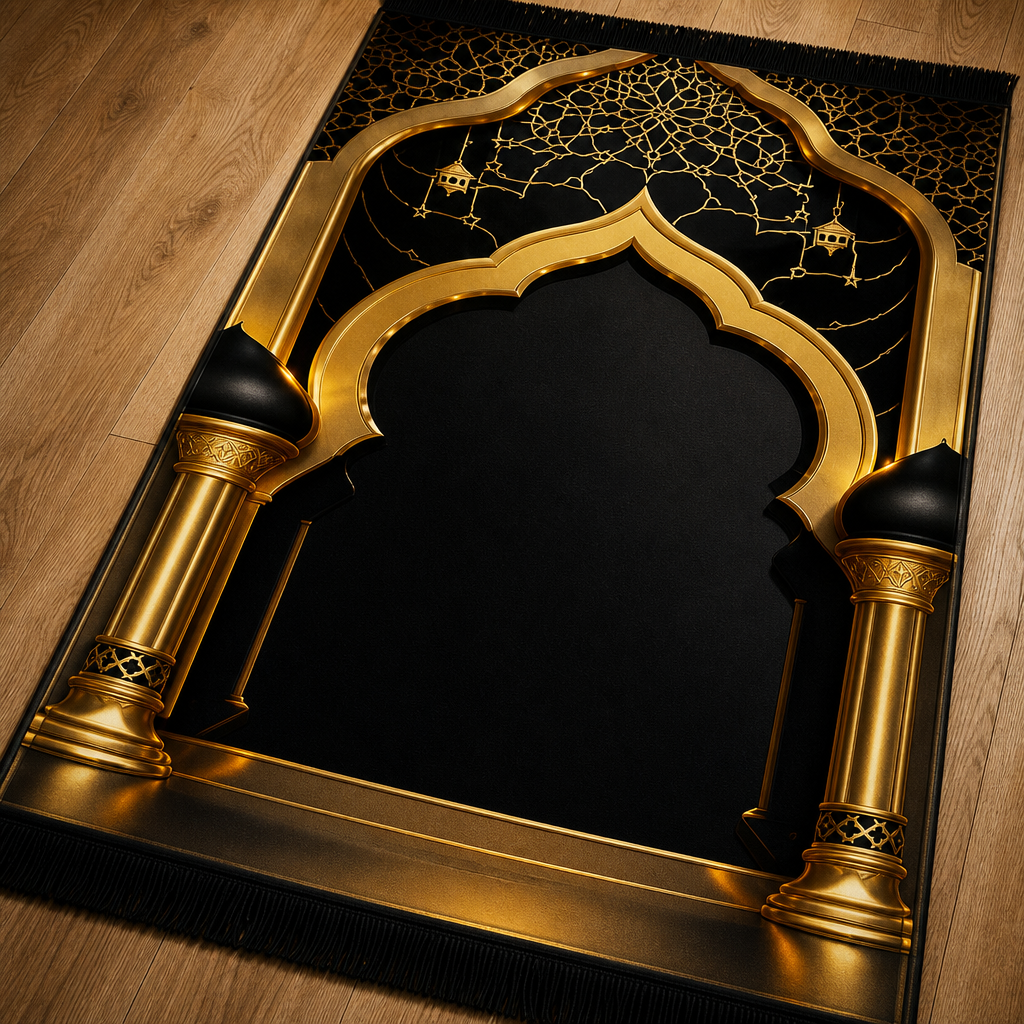 Altın Sütun Mihrab Siyah Seccade | Lüks Kadife Namaz Halısı